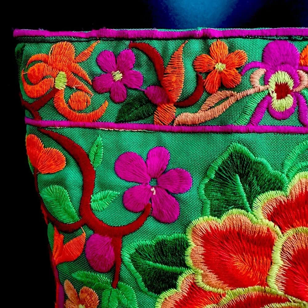 Thai Hmong Embroidered Cosmetic Bag Peony Floral Makeup Pouch 8” Boho Travel